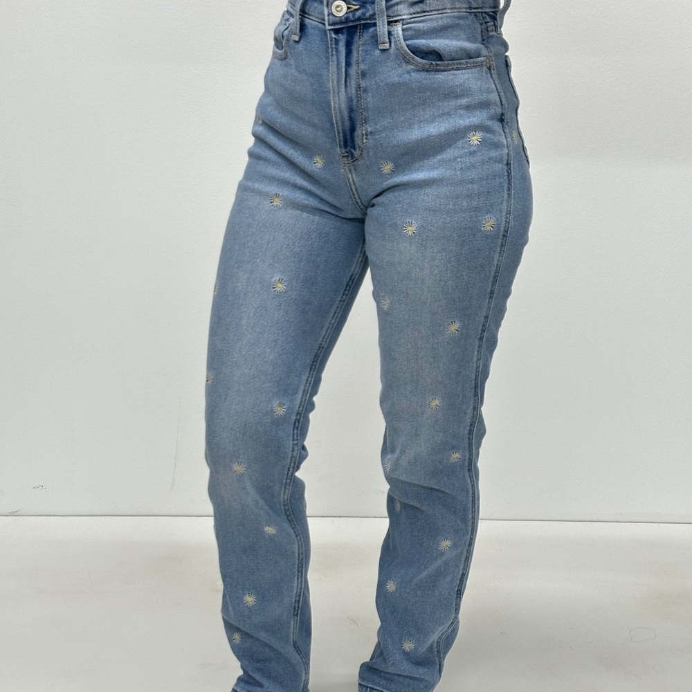 Hollister Blue Straight Leg Jeans with all over daisy embroidery.